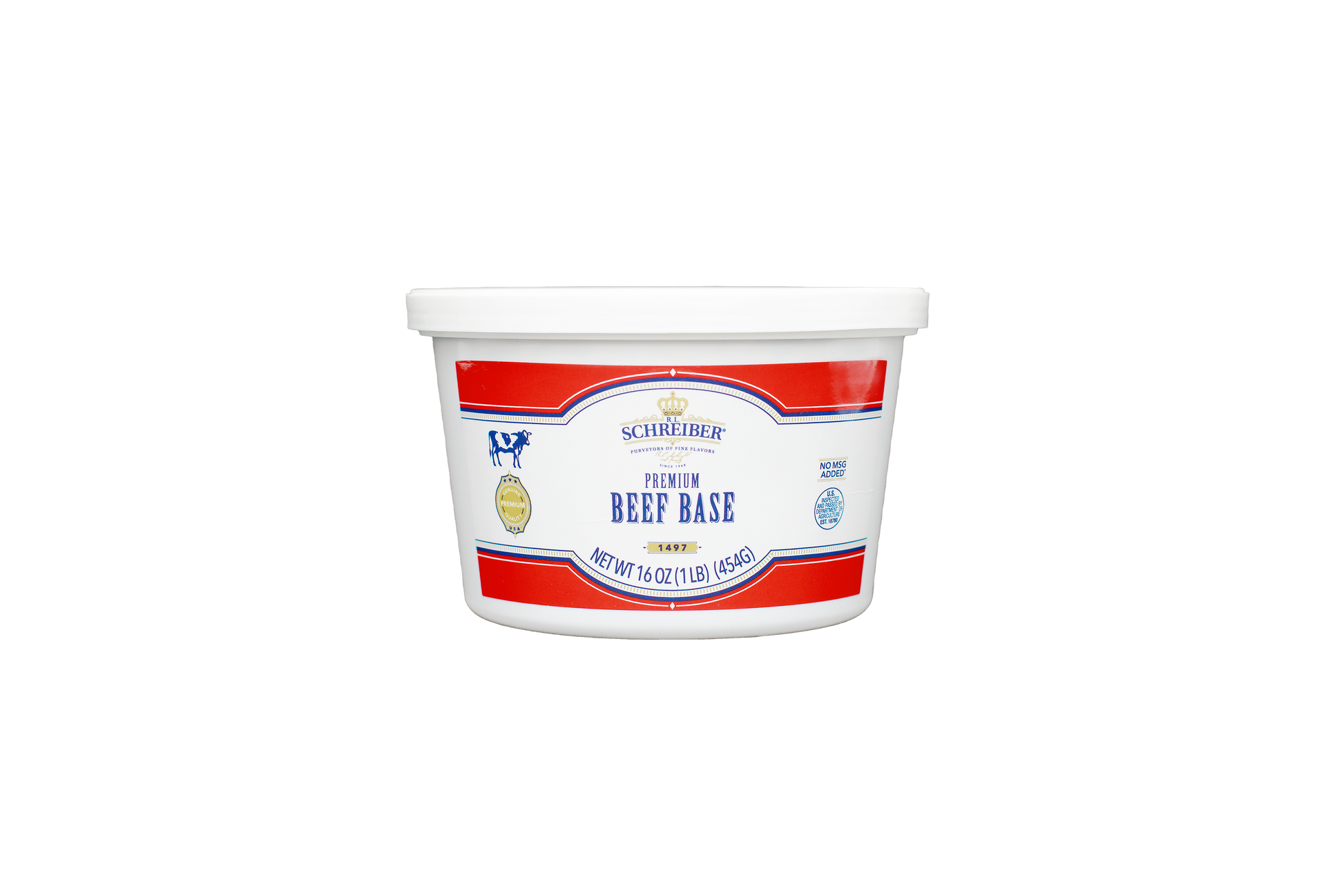 A white plastic tub of RL Schreiber's Premium Beef Base with a white lid, featuring a red and blue label on a plain white background.