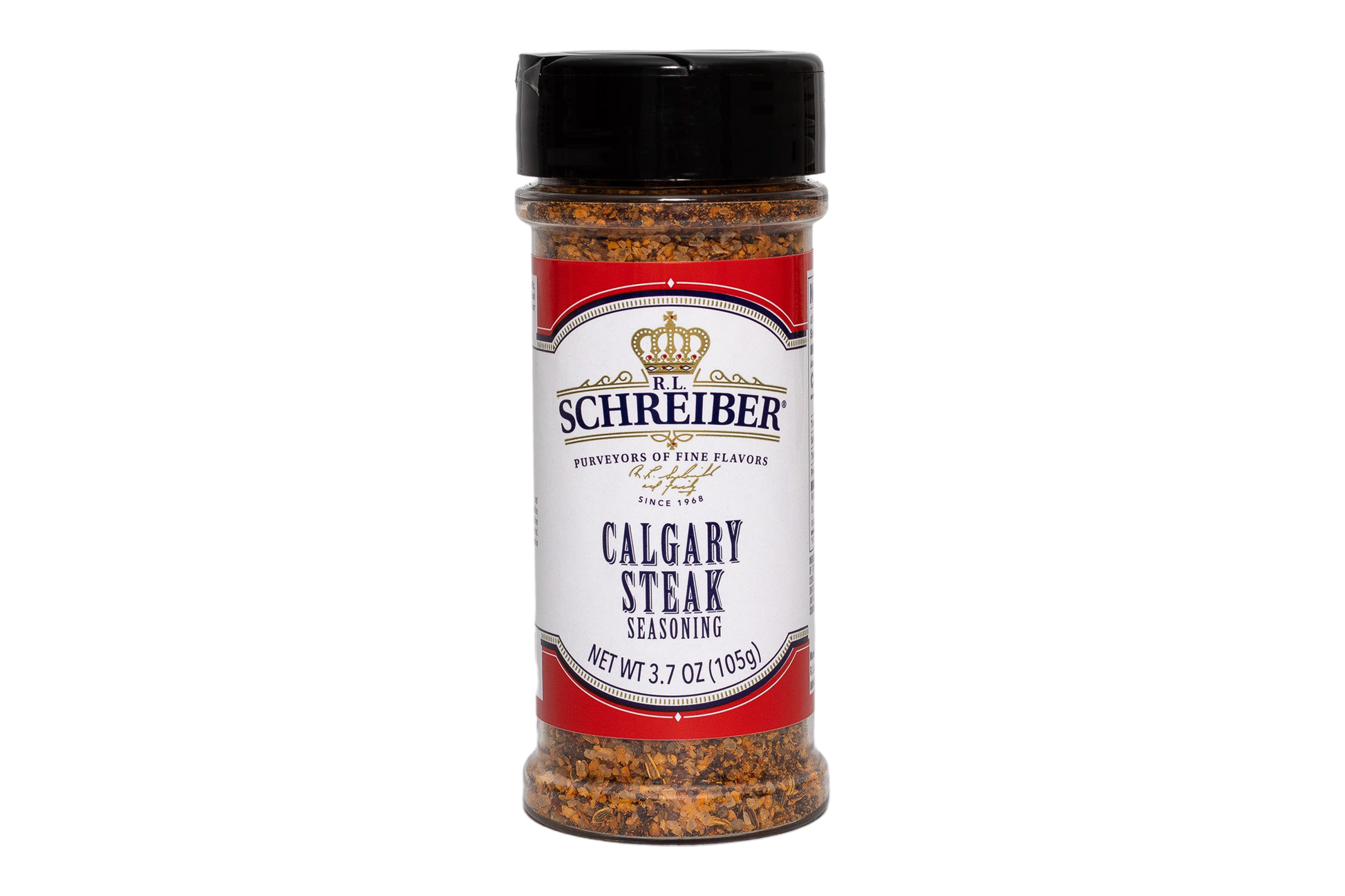 A bottle of RL Schreiber's Calgary Steak Seasoning with a black cap and a red and white label, shown on a plain white background.