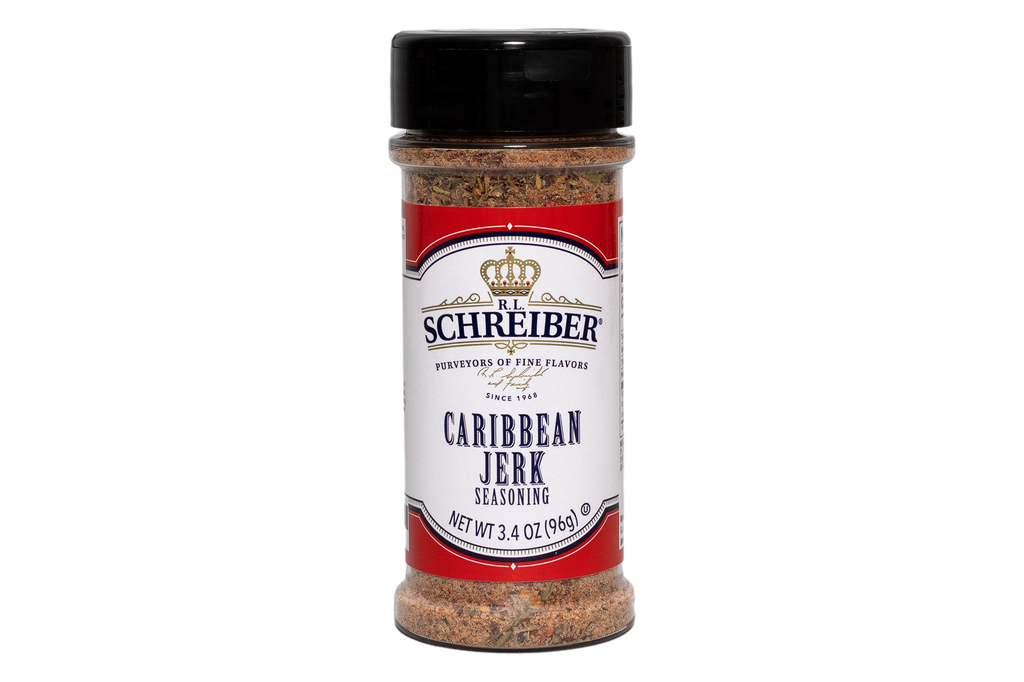 A bottle of RL Schreiber's Caribbean Jerk Seasoning with a black cap and a red and white label, shown on a plain white background.