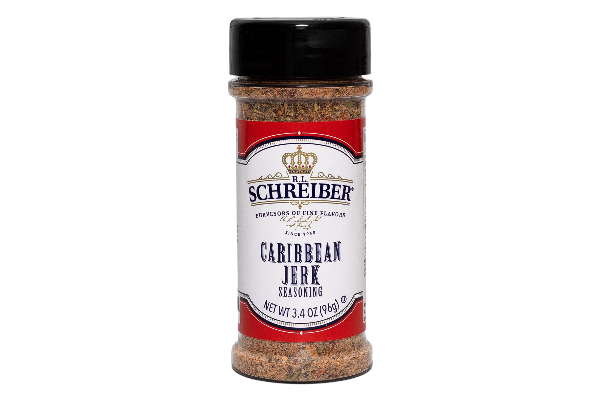 A bottle of RL Schreiber's Caribbean Jerk Seasoning with a black cap and a red and white label, shown on a plain white background.