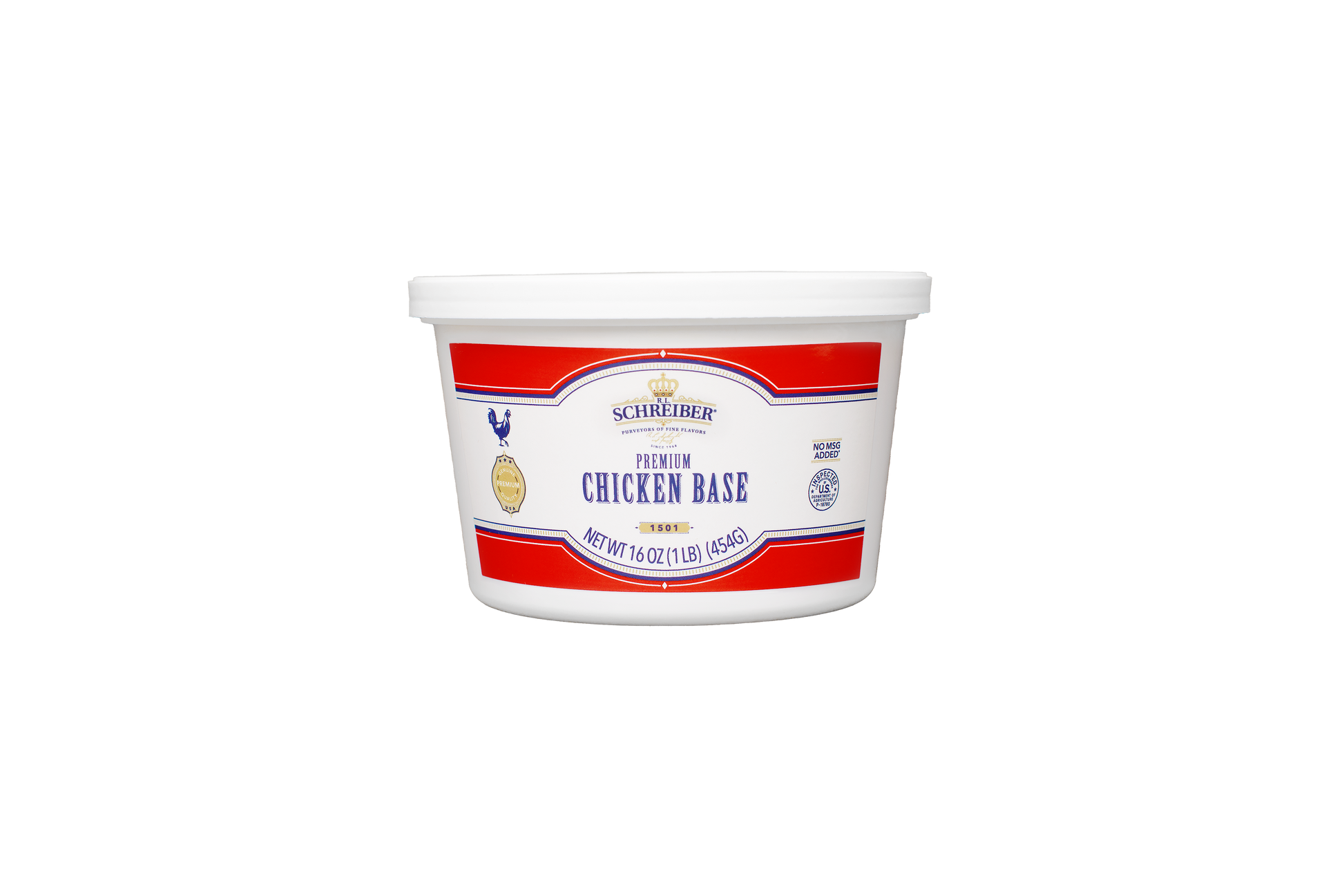 A white plastic tub of RL Schreiber's Premium Chicken Base Creamed, featuring a white label with red stripes and blue text, set against a plain white background.