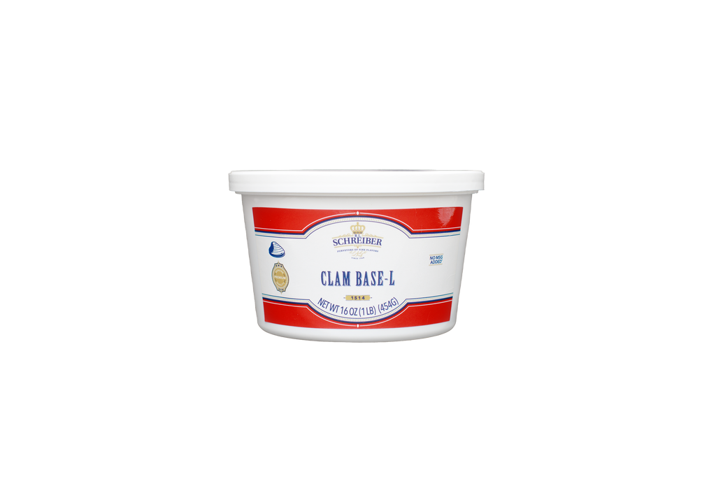 A white plastic tub of RL Schreiber's Clam Base-1 with a white lid, featuring a white label with red stripes and blue text, set against a plain white background.