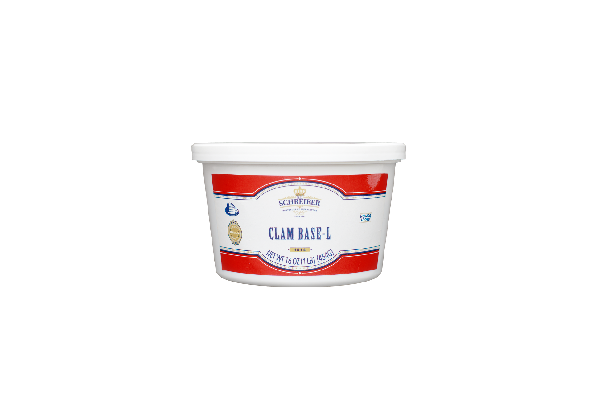 A white plastic tub of RL Schreiber's Clam Base-1 with a white lid, featuring a white label with red stripes and blue text, set against a plain white background.