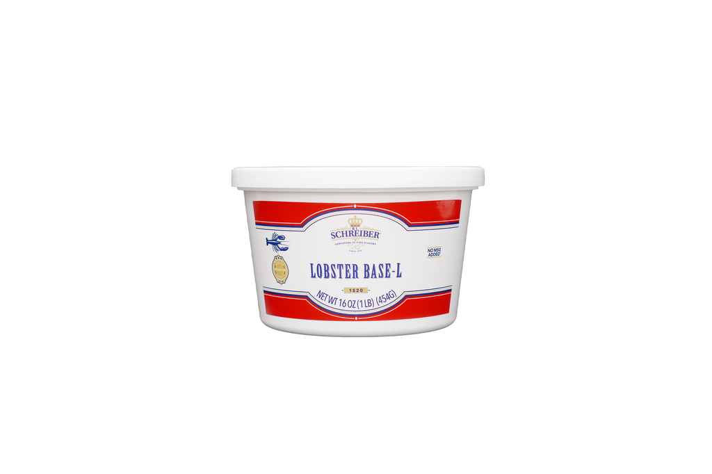 A white plastic tub of RL Schreiber's Lobster Base-L with a white lid, featuring a white label with red stripes and blue text, set against a plain white background.