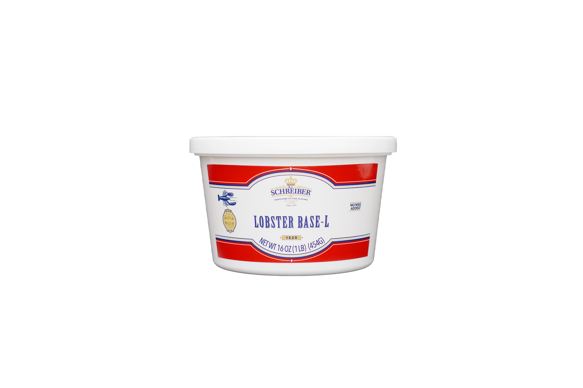 A white plastic tub of RL Schreiber's Lobster Base-L with a white lid, featuring a white label with red stripes and blue text, set against a plain white background.