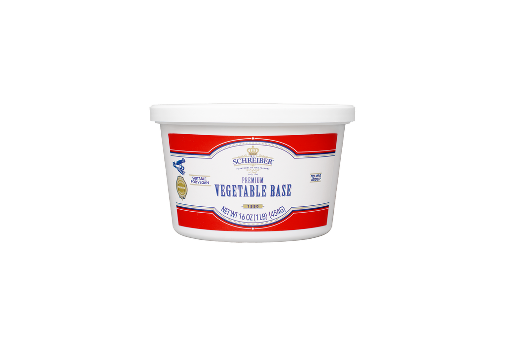 A white plastic tub of RL Schreiber's Premium Vegetable Base with a white lid, featuring a red and blue label on a plain white background.
