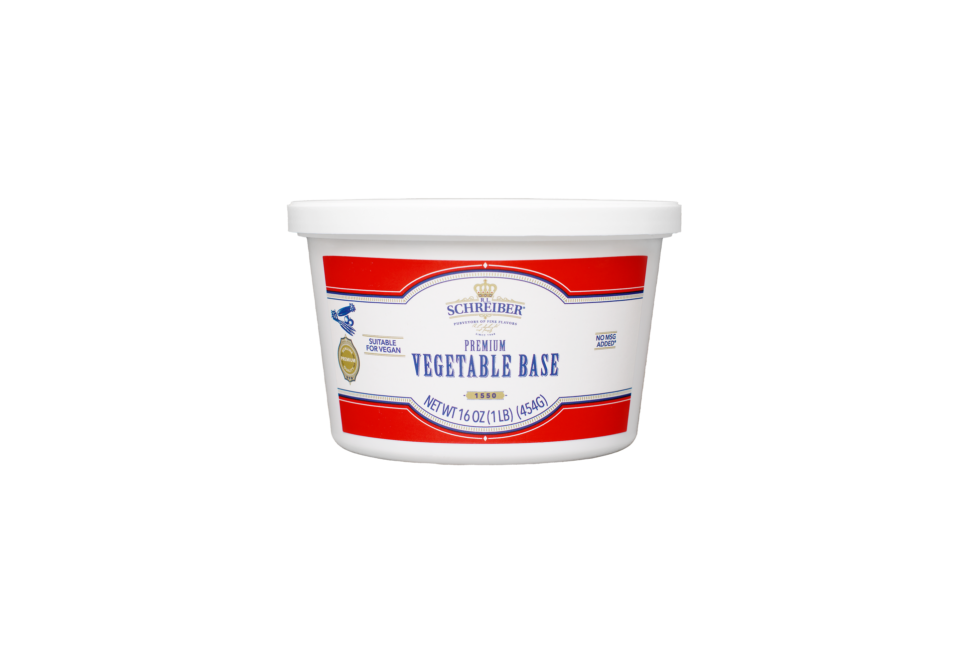A white plastic tub of RL Schreiber's Premium Vegetable Base with a white lid, featuring a red and blue label on a plain white background.