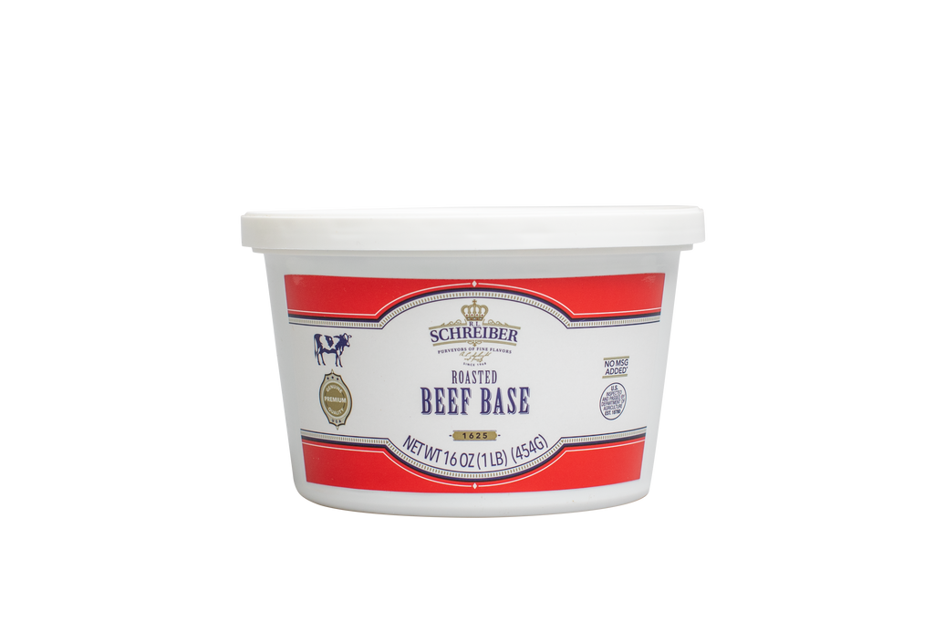 A white plastic tub of RL Schreiber's Roasted Beef Base Roasted Beef Base with a white lid, featuring a red and blue label on a plain white background.