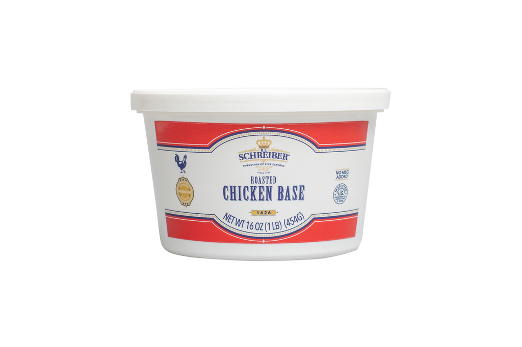 A white plastic tub of RL Schreiber's Roasted Chicken Base with a red and blue label, isolated on a white background.