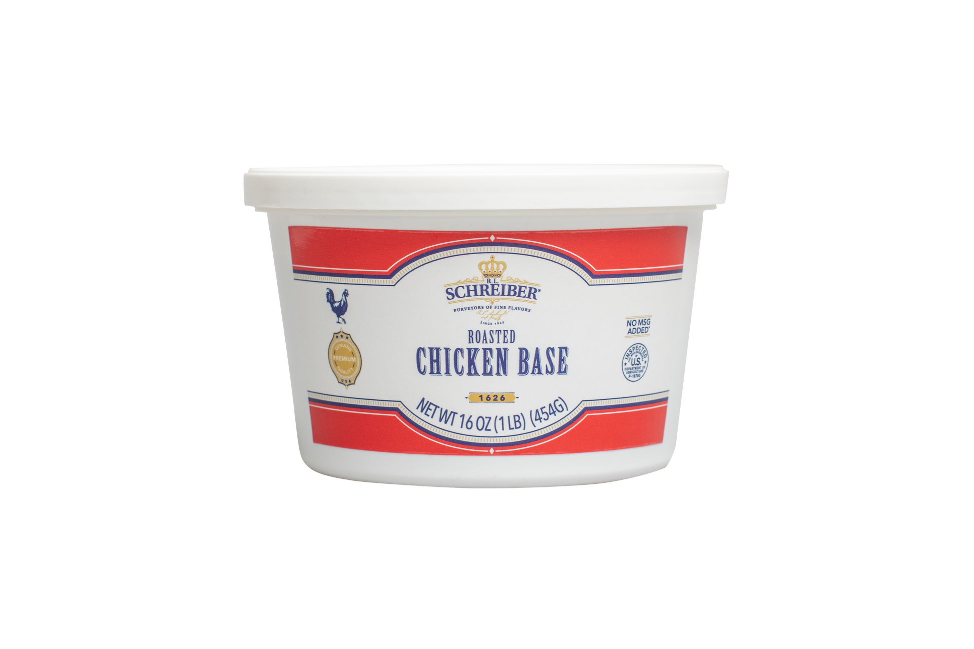 A white plastic tub of RL Schreiber's Roasted Chicken Base with a red and blue label, isolated on a white background.