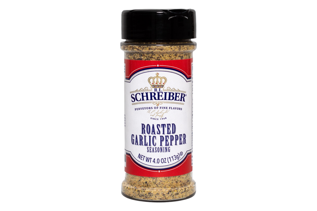 A bottle of RL Schreiber's Roasted Garlic Pepper Seasoning on a plain white background.
