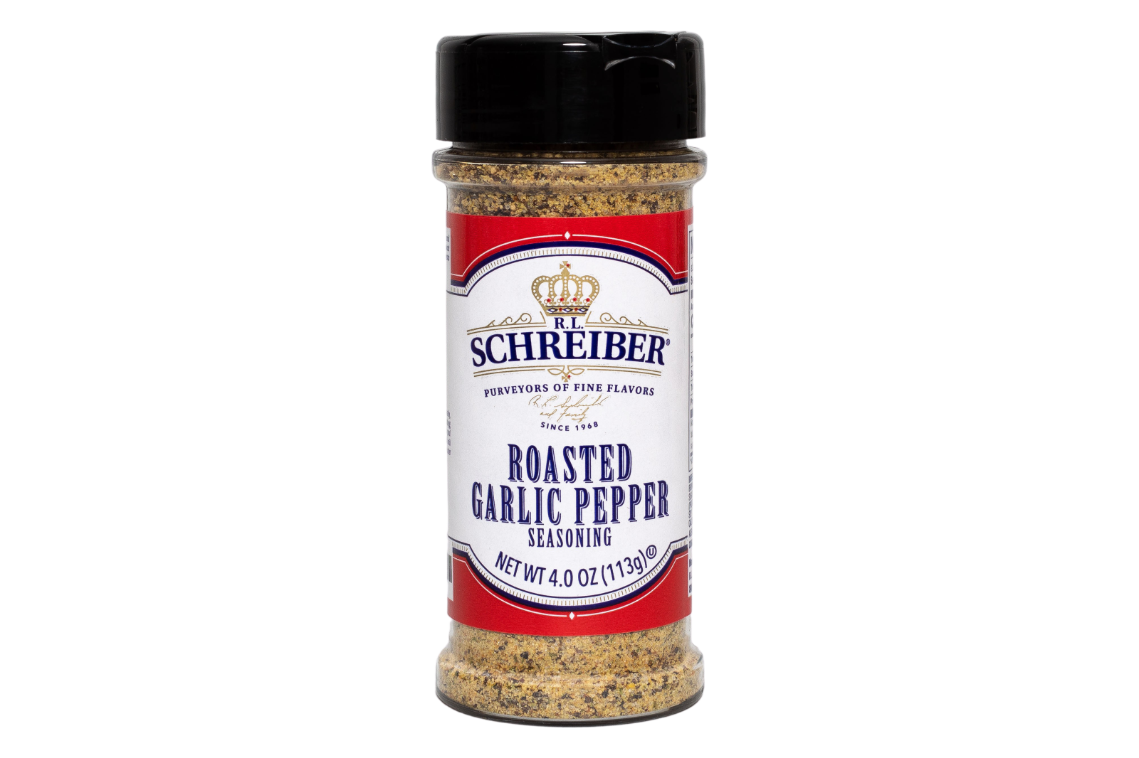 A bottle of RL Schreiber's Roasted Garlic Pepper Seasoning on a plain white background.