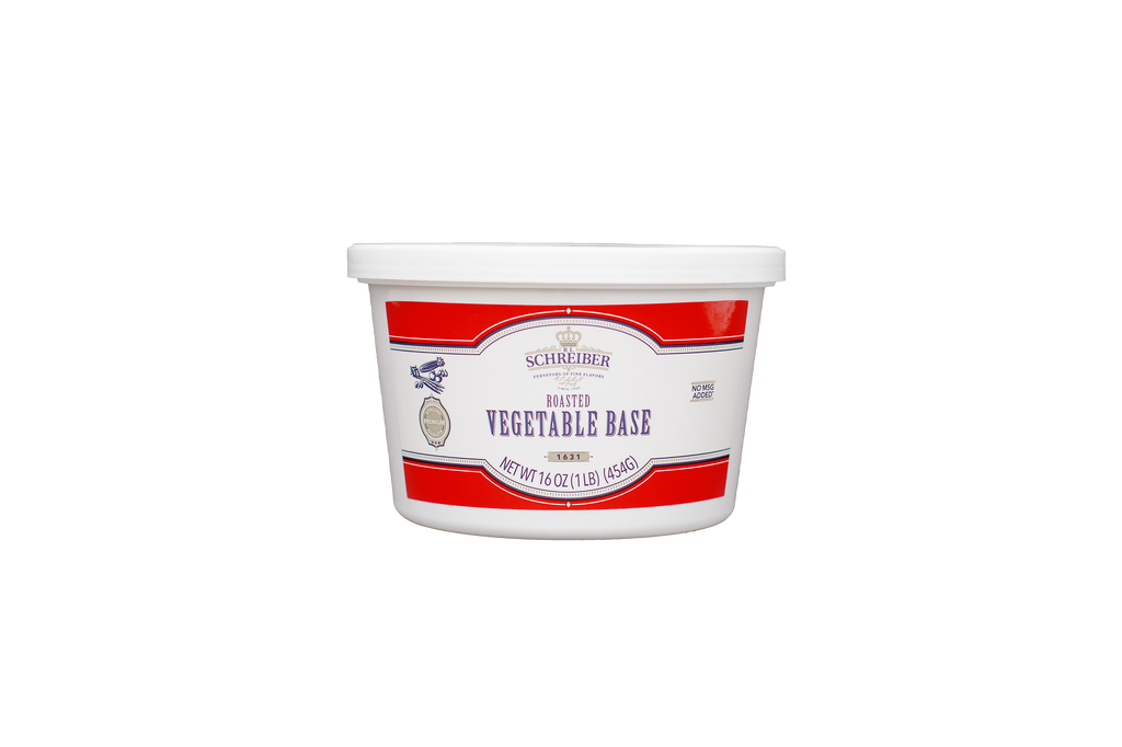 A white plastic tub of RL Schreiber's Roasted Vegetable Base with a white lid, featuring a white label with red stripes and blue text, set against a plain white background.
