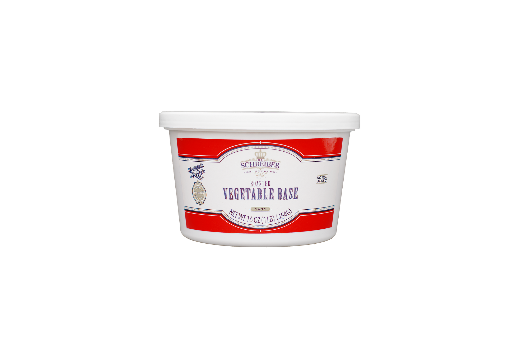 A white plastic tub of RL Schreiber's Roasted Vegetable Base with a white lid, featuring a white label with red stripes and blue text, set against a plain white background.