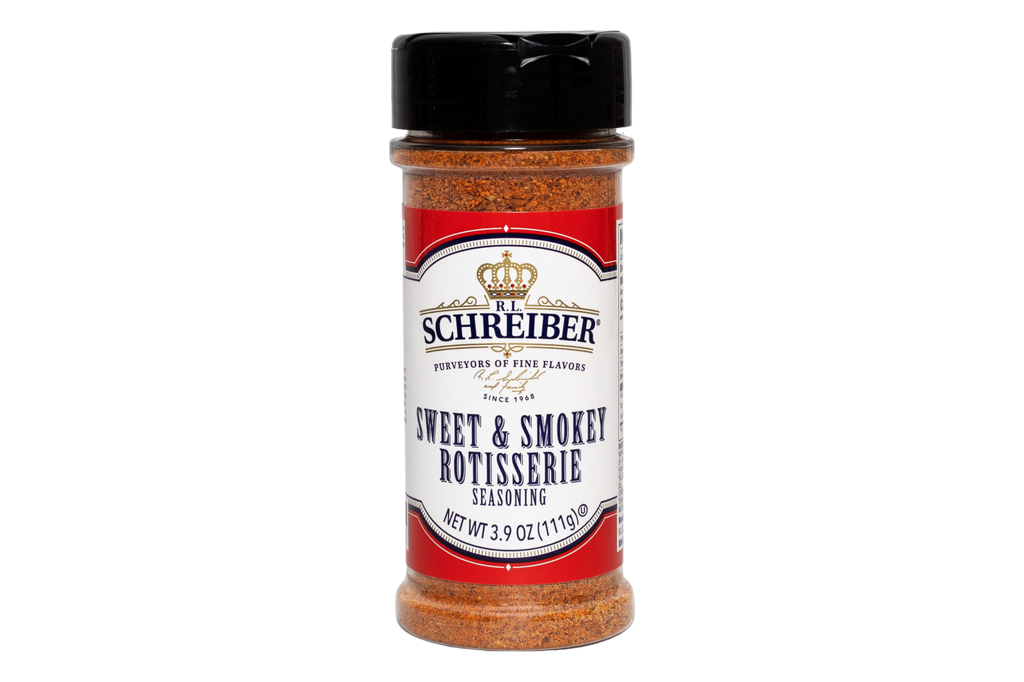 A bottle of RL Schreiber's Sweet & Smokey Rotisserie Seasoning with a black cap and a red, white, and black label, shown on a plain white background.