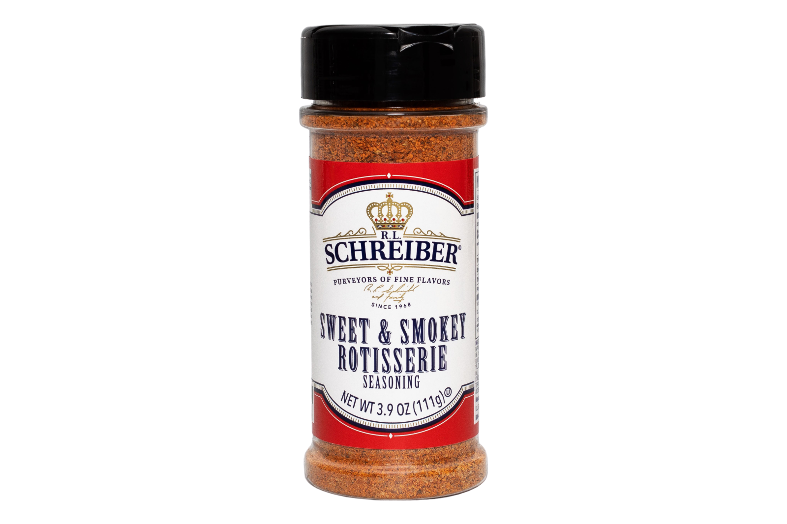 A bottle of RL Schreiber's Sweet & Smokey Rotisserie Seasoning with a black cap and a red, white, and black label, shown on a plain white background.